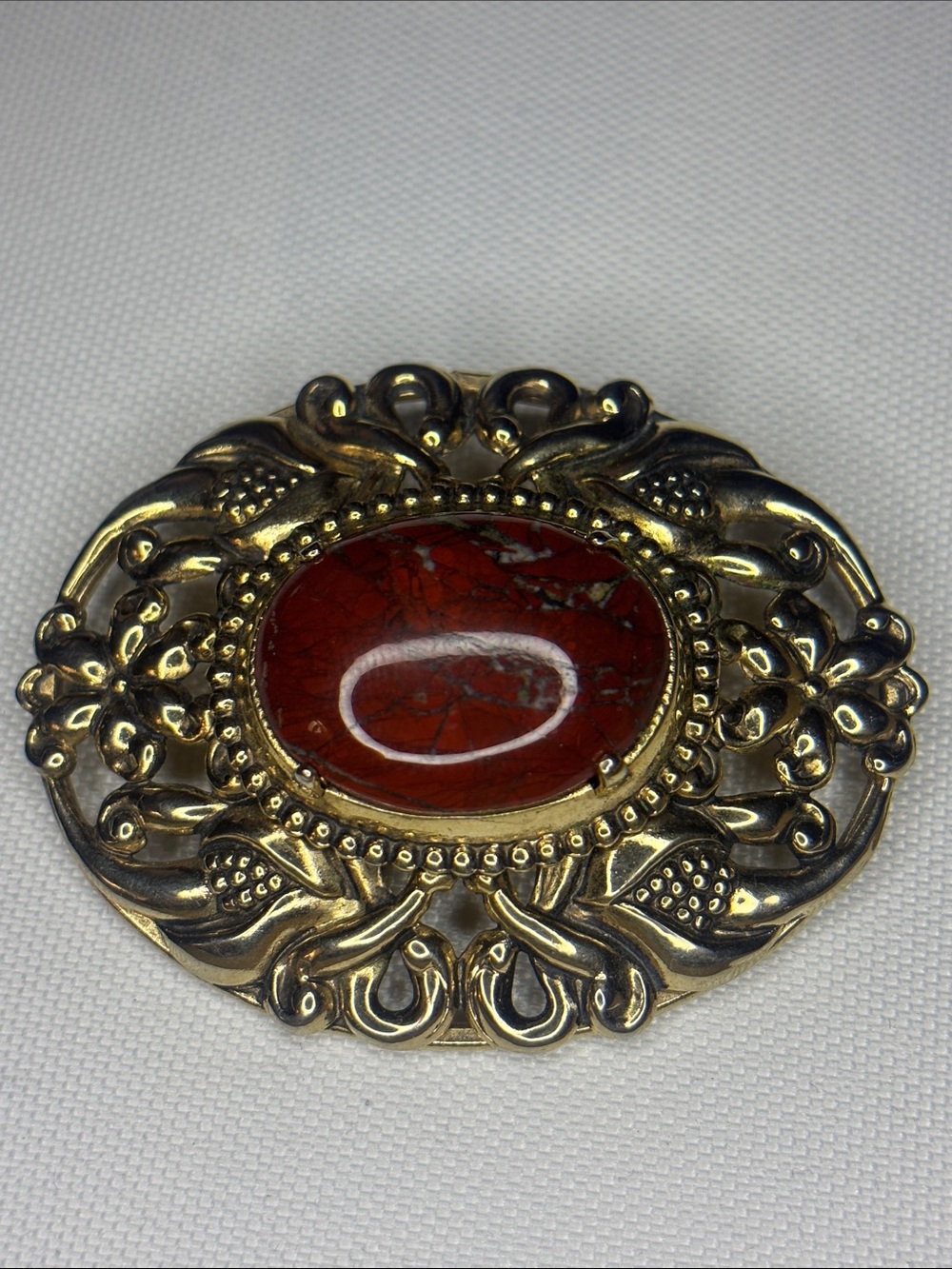 Red Jasper, gold tone, filigree, floral oval style vintage antique brooch